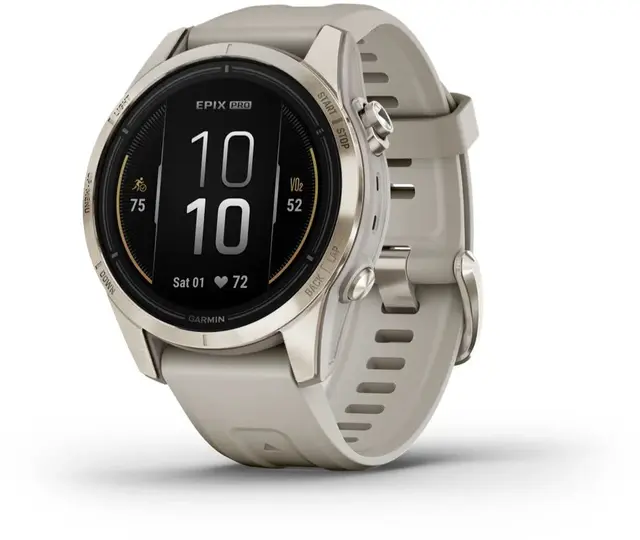 Garmin epix Pro Gen 2 Sapphire Edt 42mm Soft Gold med lys sandfarget rem 